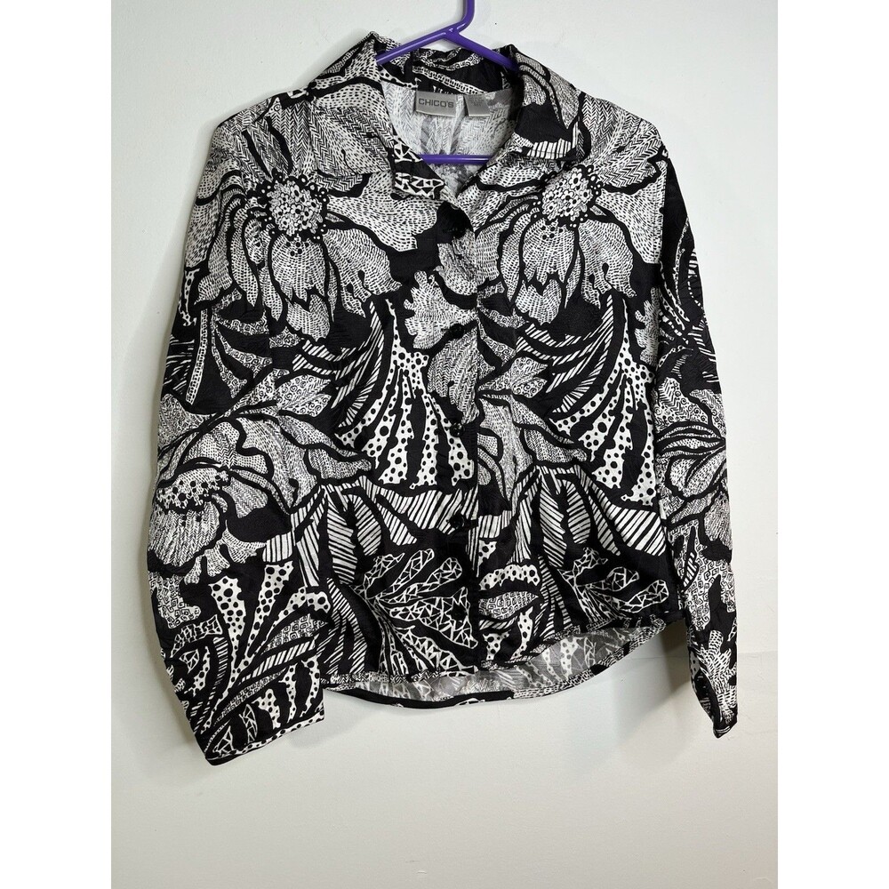 Chicos Sz 0 S Button Down Shirt Art Sketch Print Tropical Floral